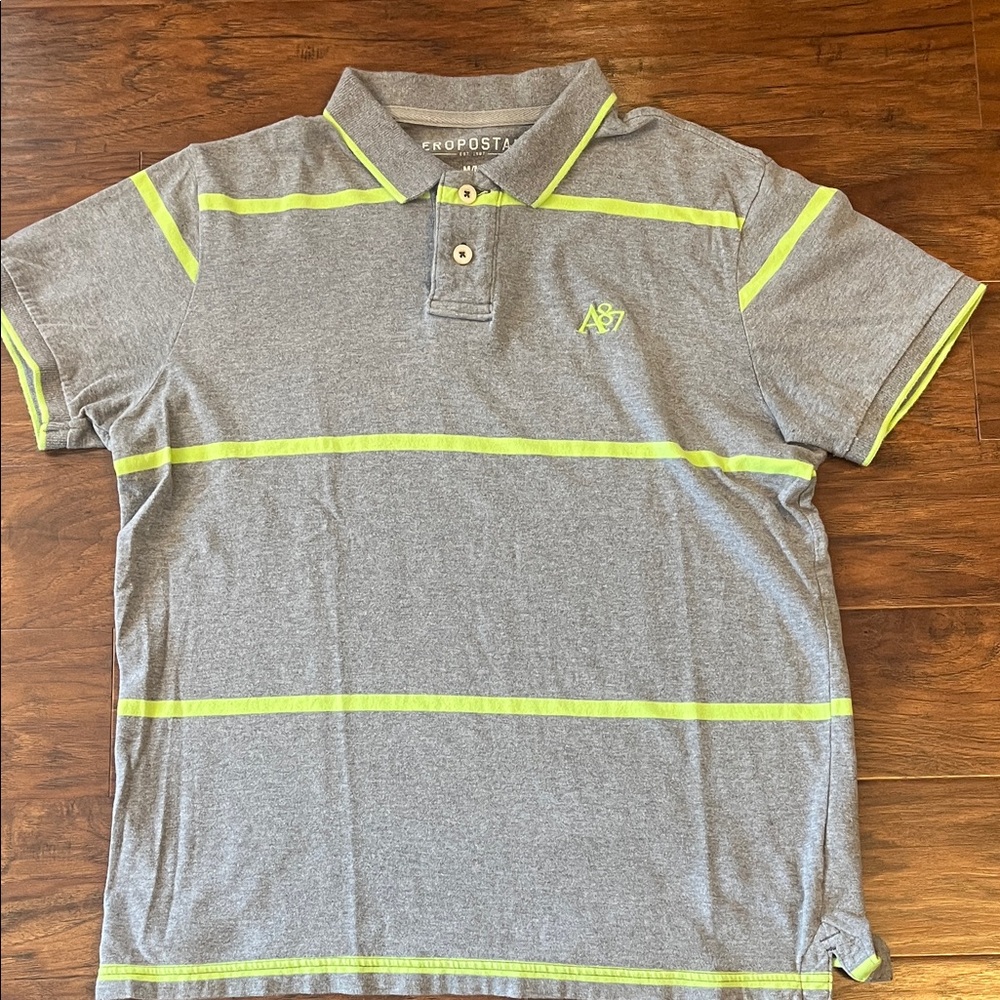 Aeropostale Gray Polo with Neon Green Stripes